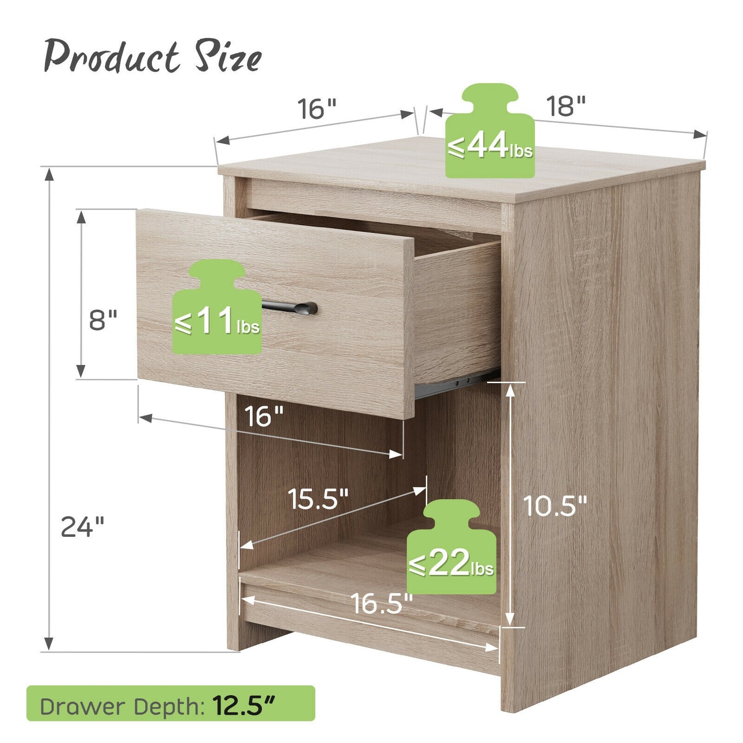 Wooden Nightstand with Drawer and Open Storage Shelf in Natural Finish