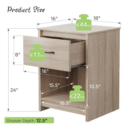 Wooden Nightstand with Drawer and Open Storage Shelf in Natural Finish