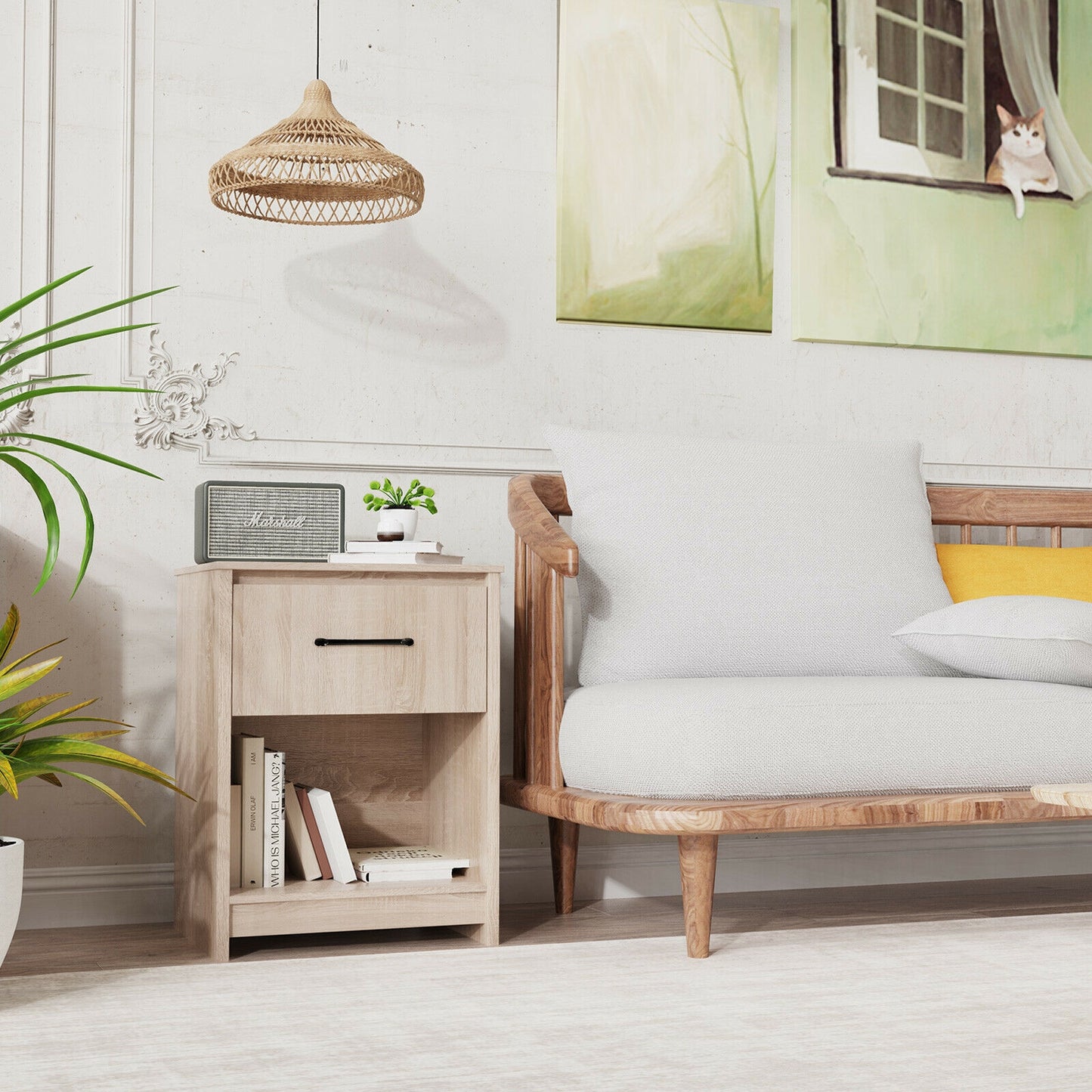 Wooden Nightstand with Drawer and Open Storage Shelf in Natural Finish