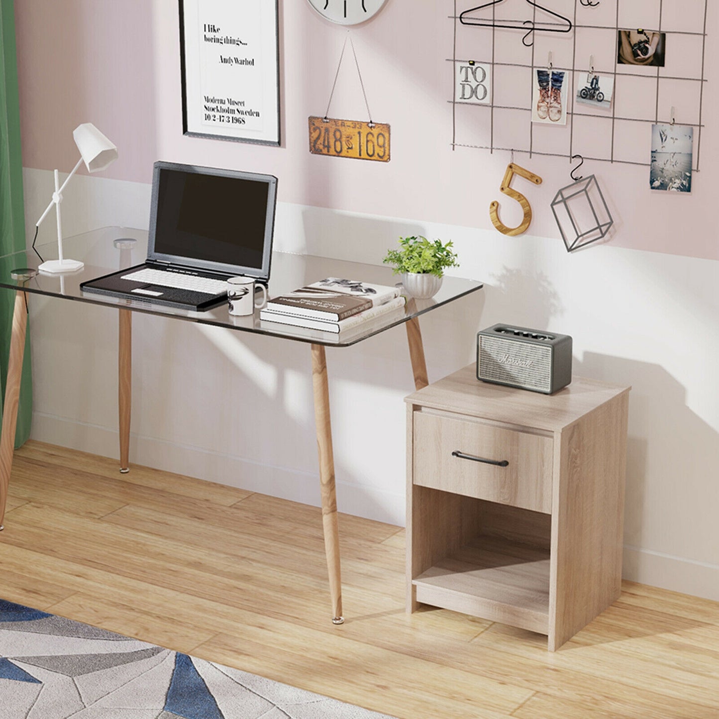 Wooden Nightstand with Drawer and Open Storage Shelf in Natural Finish