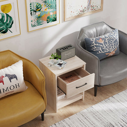 Wooden Nightstand with Drawer and Open Storage Shelf in Natural Finish
