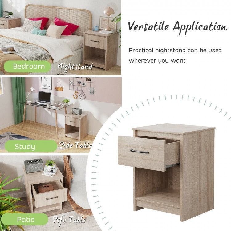Wooden Nightstand with Drawer and Open Storage Shelf in Natural Finish