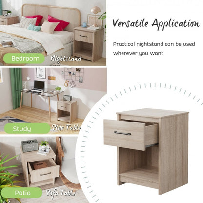 Wooden Nightstand with Drawer and Open Storage Shelf in Natural Finish