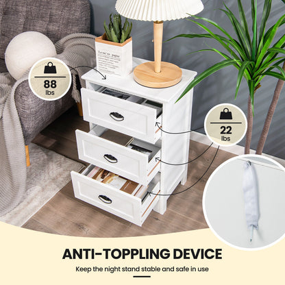 3-Drawer Wooden Nightstand with Storage Organizer – White