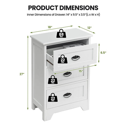 3-Drawer Wooden Nightstand with Storage Organizer – White