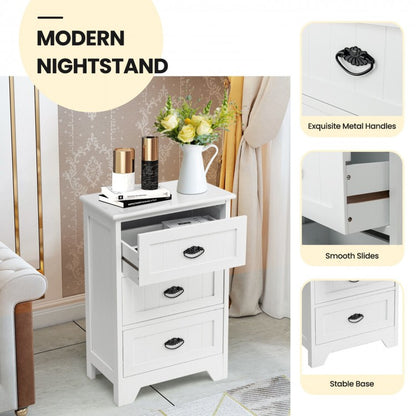 3-Drawer Wooden Nightstand with Storage Organizer – White