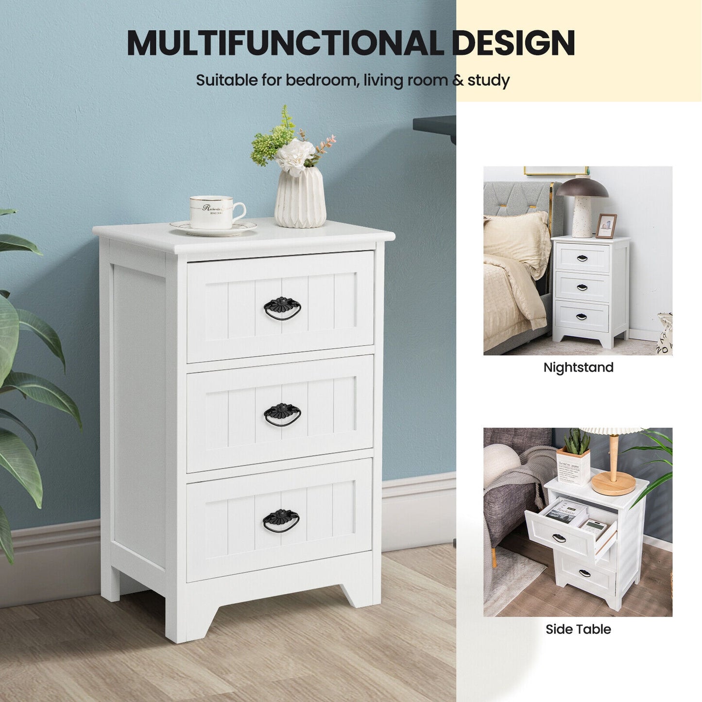 3-Drawer Wooden Nightstand with Storage Organizer – White