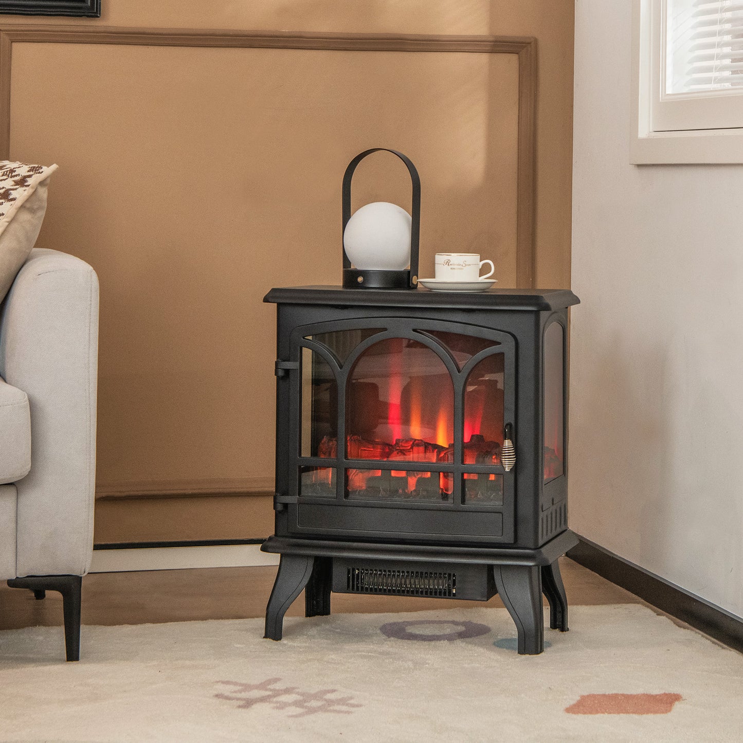 1400W Electric Fireplace Heater with 3 Level Flame Effect and 3 Sided Viewing