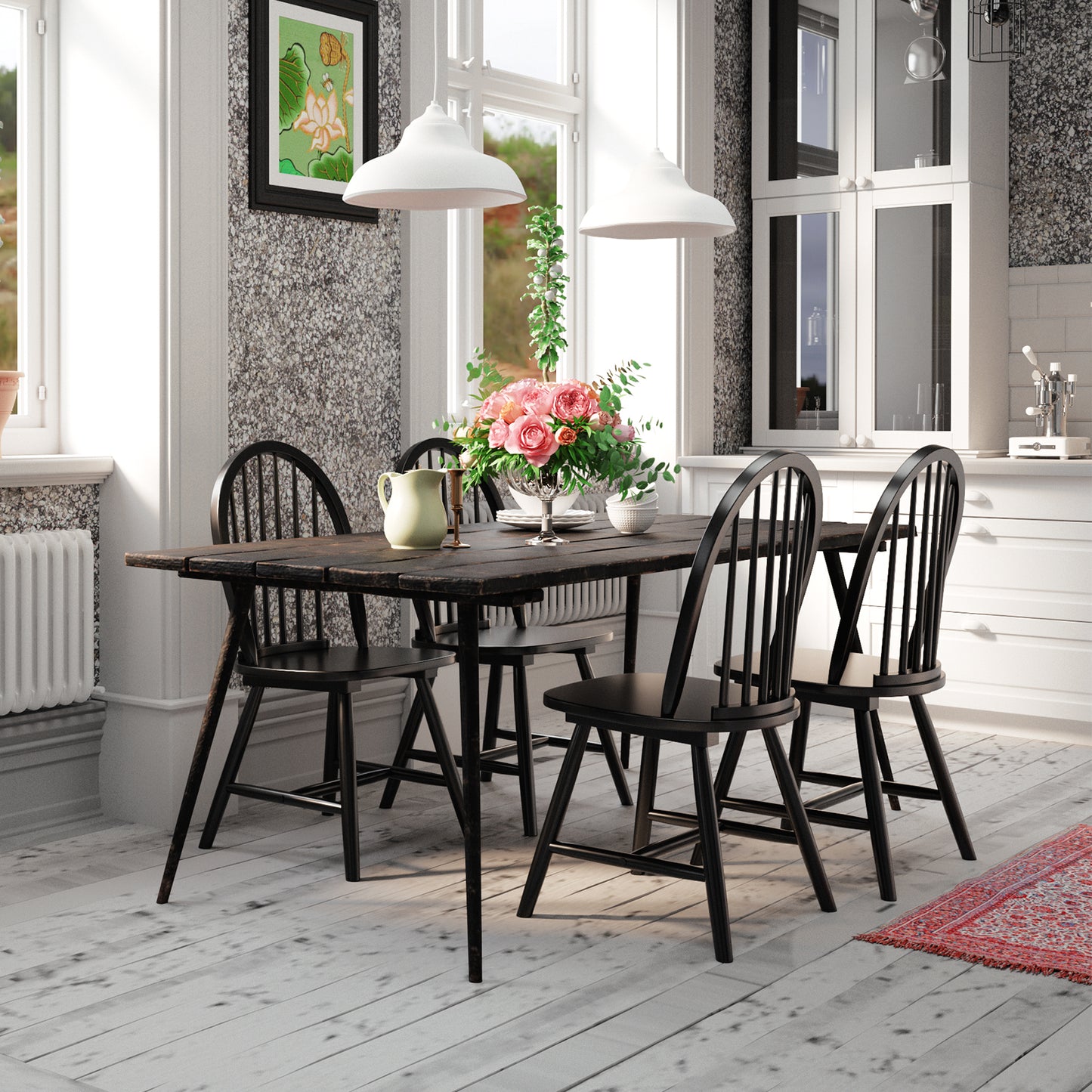 Pair of Vintage Windsor Wooden Dining Chairs with Spindle Back in Black Finish