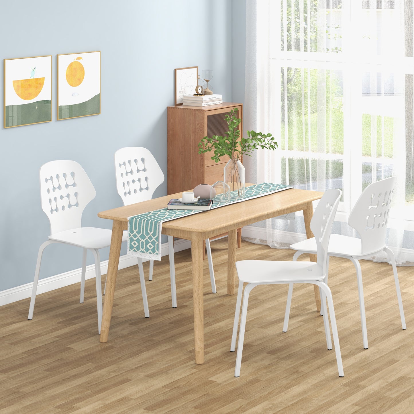 Modern Metal Dining Chairs Set of 4 with Hollowed Backrest and Durable Metal Legs - White