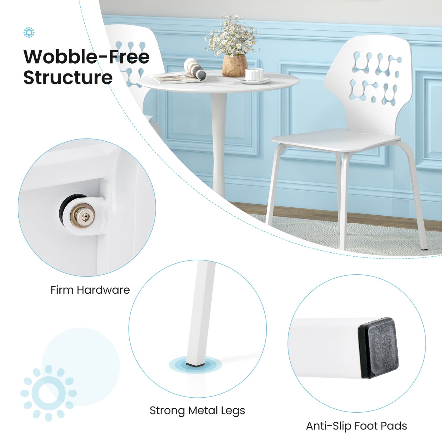 Modern Metal Dining Chairs Set of 4 with Hollowed Backrest and Durable Metal Legs - White