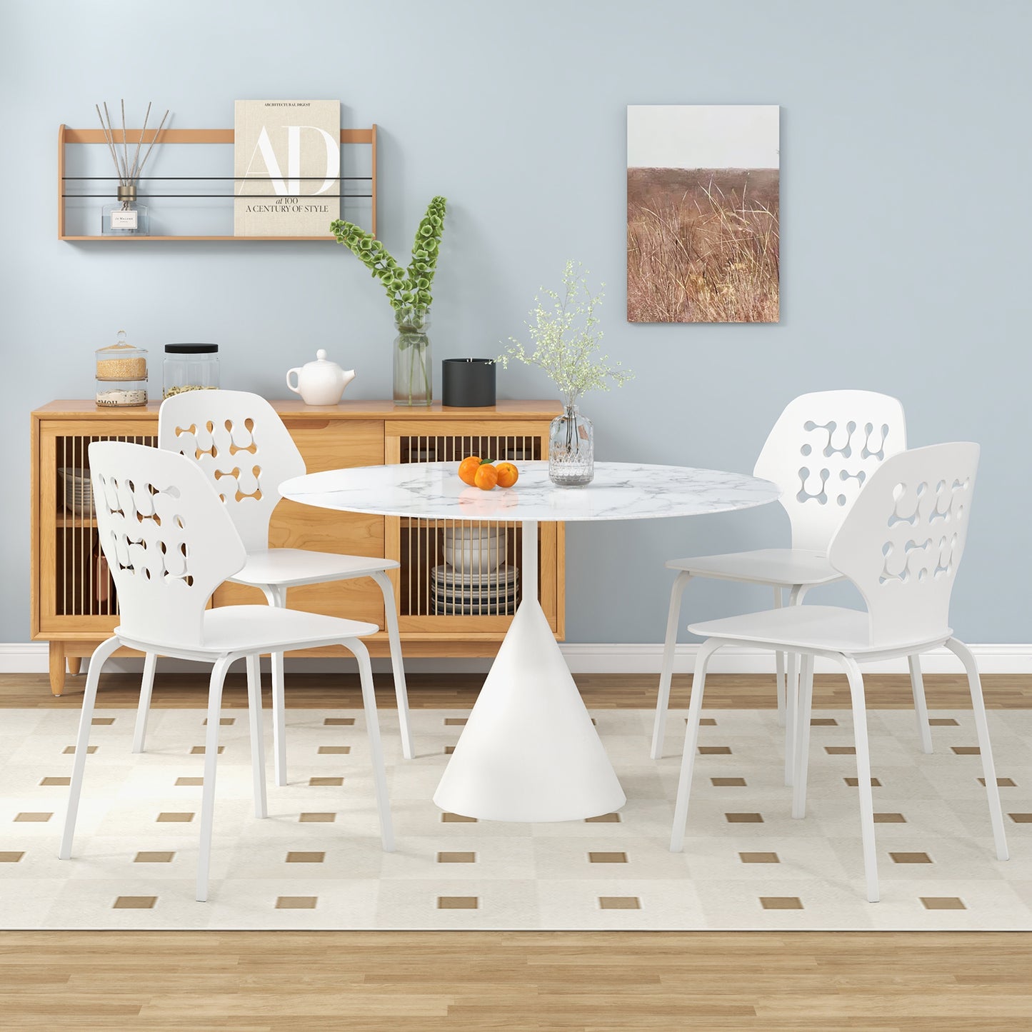 Modern Metal Dining Chairs Set of 4 with Hollowed Backrest and Durable Metal Legs - White