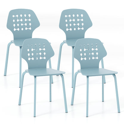 Modern Metal Dining Chairs Set of 4 with Hollowed Backrest and Durable Metal Legs - Blue