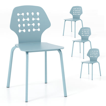 Modern Metal Dining Chairs Set of 4 with Hollowed Backrest and Durable Metal Legs - Blue