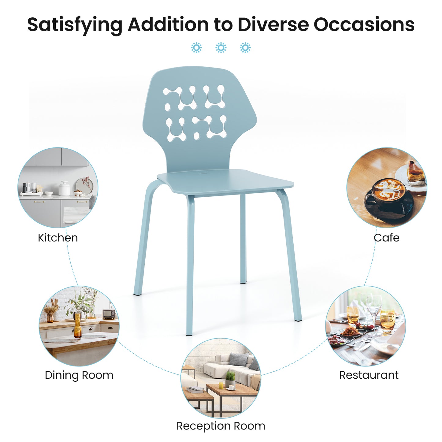 Modern Metal Dining Chairs Set of 4 with Hollowed Backrest and Durable Metal Legs - Blue