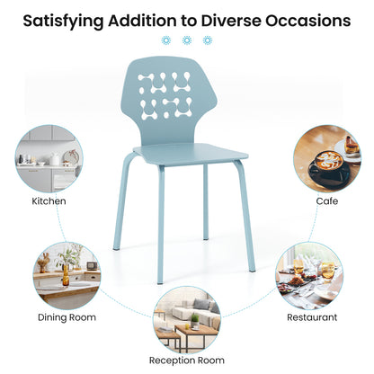 Modern Metal Dining Chairs Set of 4 with Hollowed Backrest and Durable Metal Legs - Blue