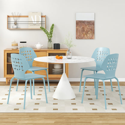 Modern Metal Dining Chairs Set of 4 with Hollowed Backrest and Durable Metal Legs - Blue