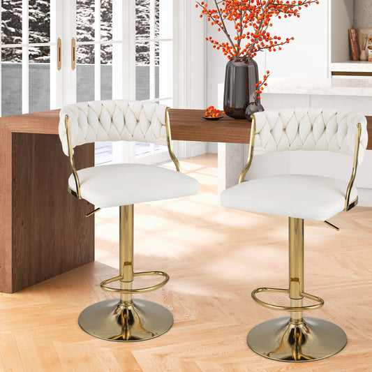 2 Pieces Velvet Swivel Bar Stools with Woven Back and Gold Metal Base for Island or Cafe Seating - White