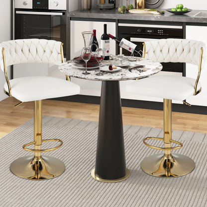 2 Pieces Velvet Swivel Bar Stools with Woven Back and Gold Metal Base for Island or Cafe Seating - White