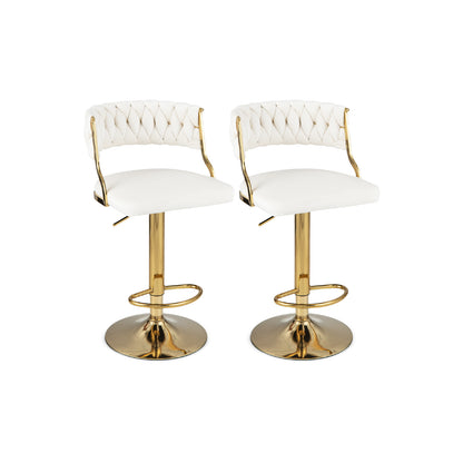 2 Pieces Velvet Swivel Bar Stools with Woven Back and Gold Metal Base for Island or Cafe Seating - White