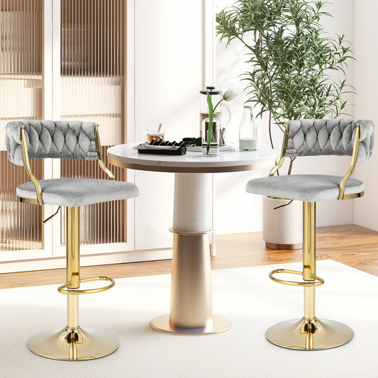 2 Pieces Velvet Swivel Bar Stools with Woven Back and Gold Metal Base for Island or Cafe Seating - Grey