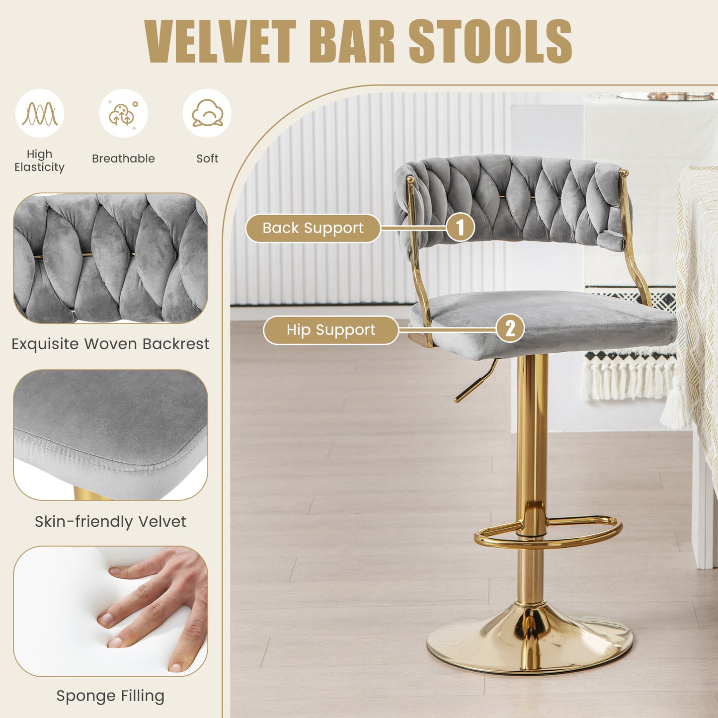 2 Pieces Velvet Swivel Bar Stools with Woven Back and Gold Metal Base for Island or Cafe Seating - Grey