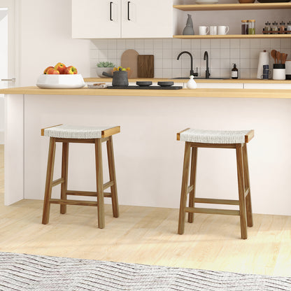 25.5 Inch Dining Bar Stools with Seaweed Woven Seats and Solid Wood Frame, Set of 2