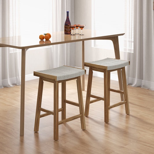 25.5 Inch Dining Bar Stools with Seaweed Woven Seats and Solid Wood Frame, Set of 2