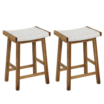 25.5 Inch Dining Bar Stools with Seaweed Woven Seats and Solid Wood Frame, Set of 2