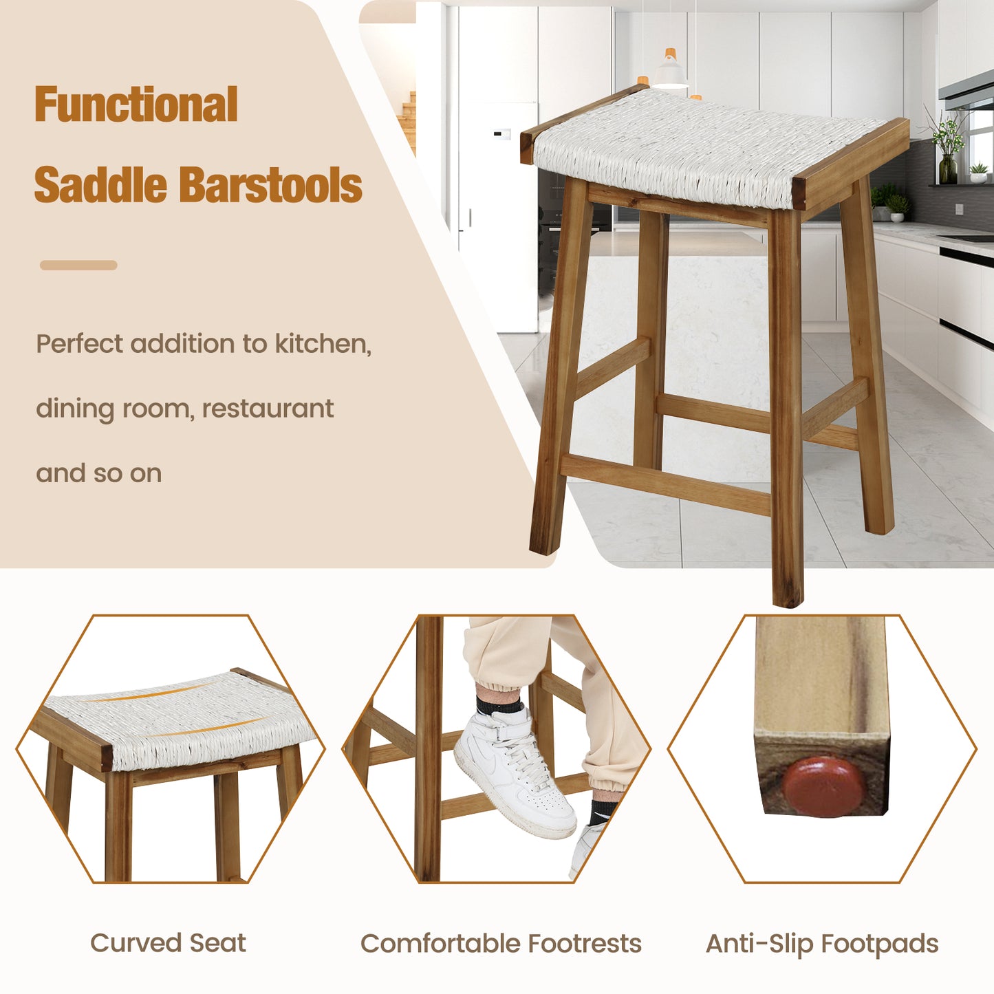 25.5 Inch Dining Bar Stools with Seaweed Woven Seats and Solid Wood Frame, Set of 2