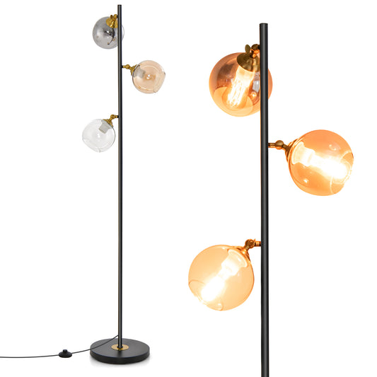 Elegant Mid-Century 3 Globe Floor Lamp with Adjustable Glass Shades and Weighted Base