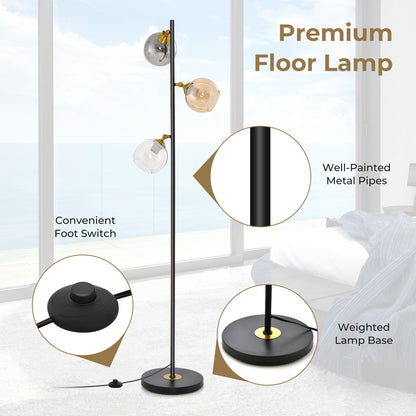 Elegant Mid-Century 3 Globe Floor Lamp with Adjustable Glass Shades and Weighted Base