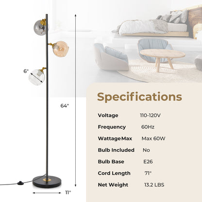 Elegant Mid-Century 3 Globe Floor Lamp with Adjustable Glass Shades and Weighted Base