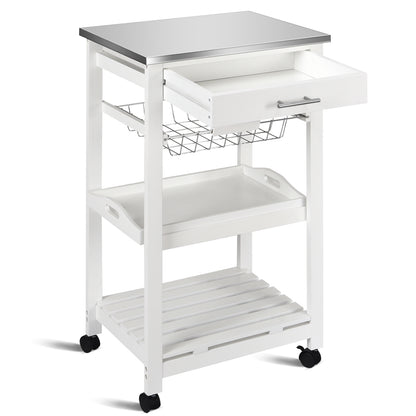 Kitchen Island Cart with Stainless Steel Top, Pull-Out Basket, and Storage Shelves - White