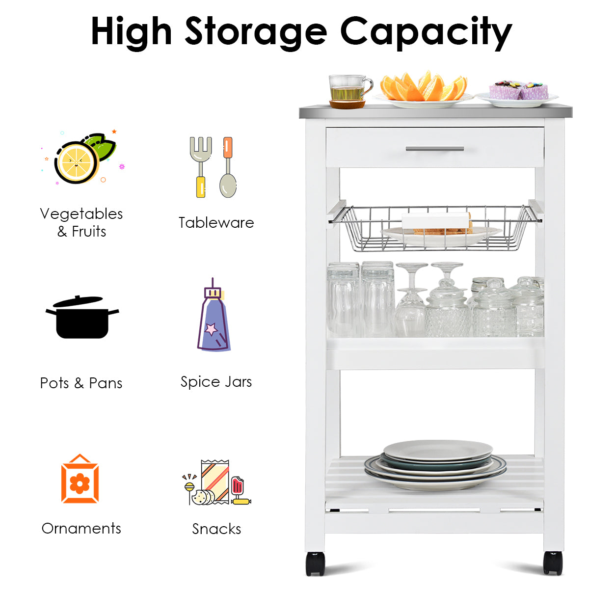 Kitchen Island Cart with Stainless Steel Top, Pull-Out Basket, and Storage Shelves - White