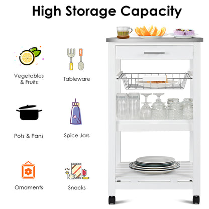 Kitchen Island Cart with Stainless Steel Top, Pull-Out Basket, and Storage Shelves - White