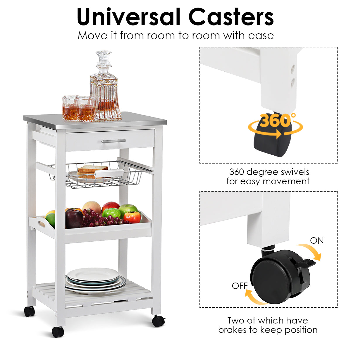Kitchen Island Cart with Stainless Steel Top, Pull-Out Basket, and Storage Shelves - White