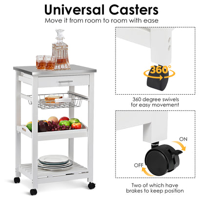 Kitchen Island Cart with Stainless Steel Top, Pull-Out Basket, and Storage Shelves - White