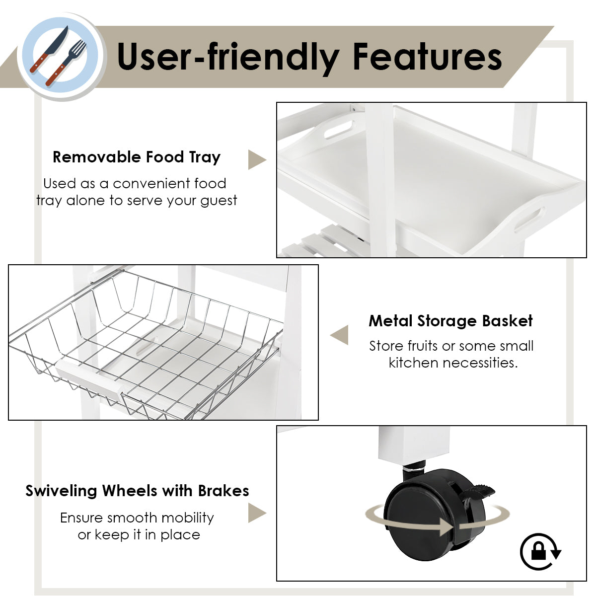 Kitchen Island Cart with Stainless Steel Top, Pull-Out Basket, and Storage Shelves - White