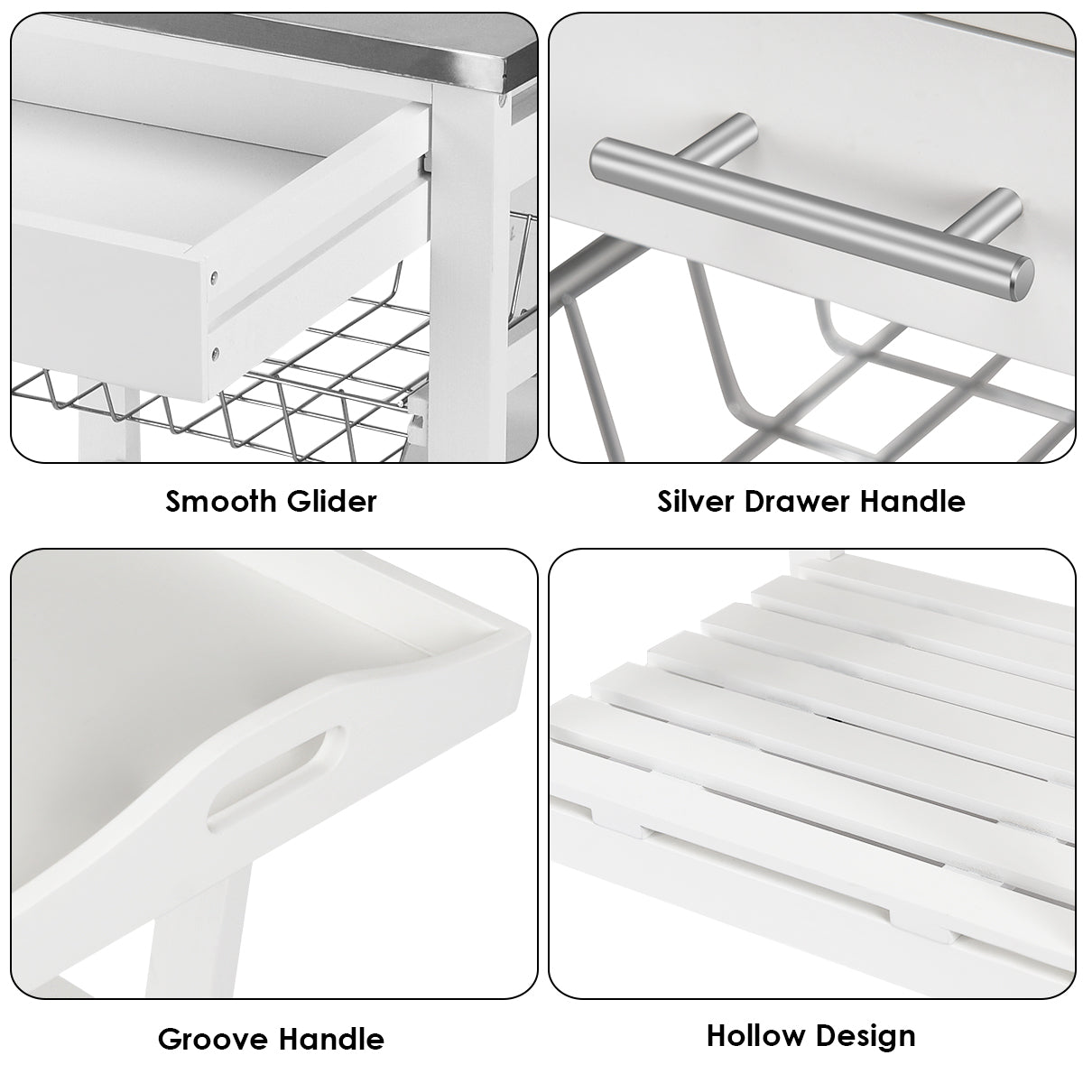 Kitchen Island Cart with Stainless Steel Top, Pull-Out Basket, and Storage Shelves - White