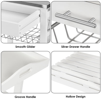 Kitchen Island Cart with Stainless Steel Top, Pull-Out Basket, and Storage Shelves - White