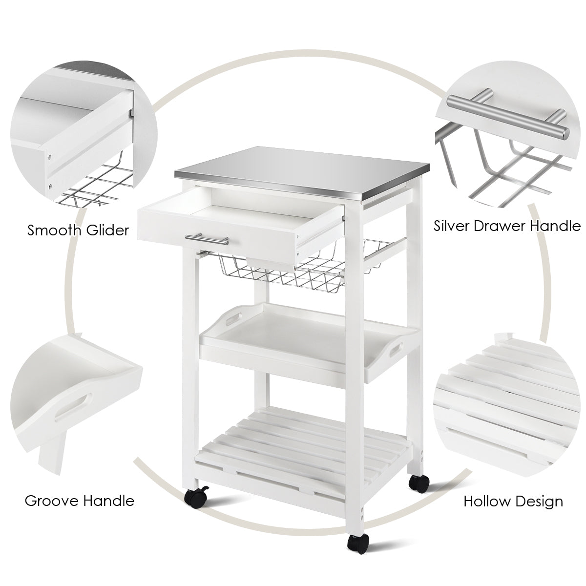 Kitchen Island Cart with Stainless Steel Top, Pull-Out Basket, and Storage Shelves - White