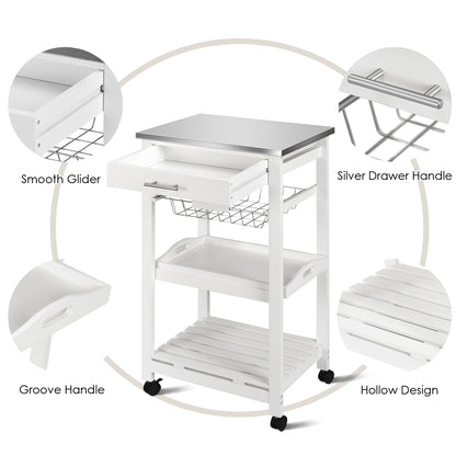 Kitchen Island Cart with Stainless Steel Top, Pull-Out Basket, and Storage Shelves - White