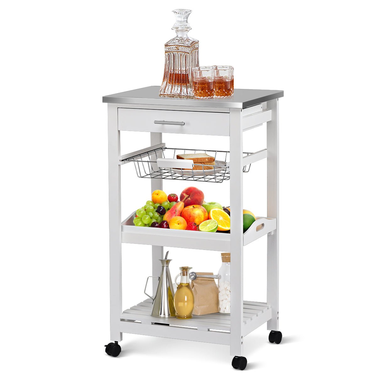 Kitchen Island Cart with Stainless Steel Top, Pull-Out Basket, and Storage Shelves - White