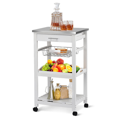 Kitchen Island Cart with Stainless Steel Top, Pull-Out Basket, and Storage Shelves - White