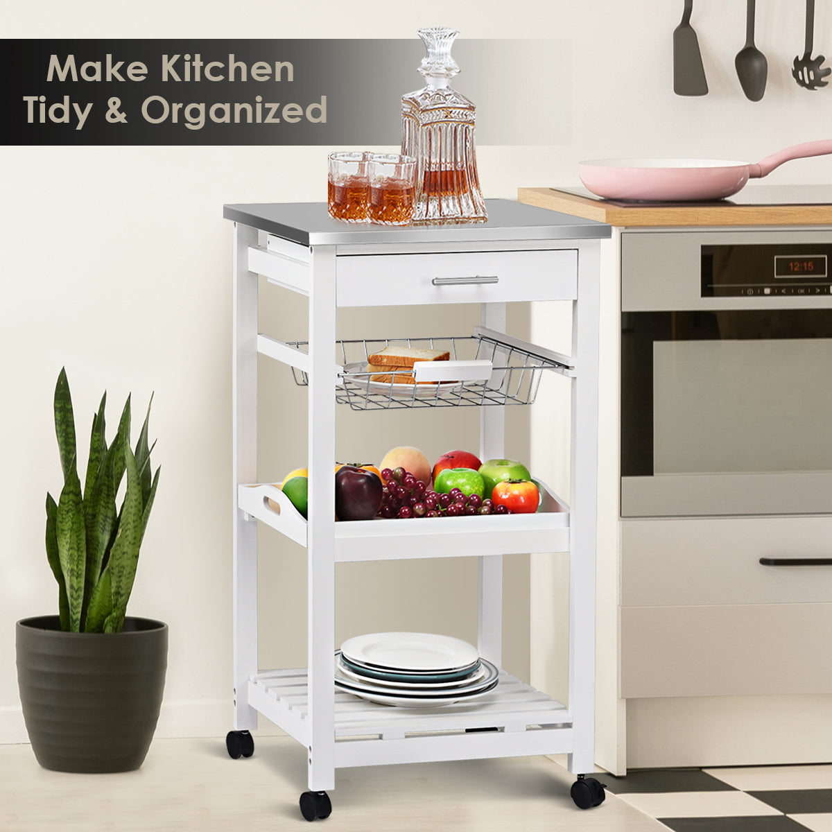 Kitchen Island Cart with Stainless Steel Top, Pull-Out Basket, and Storage Shelves - White