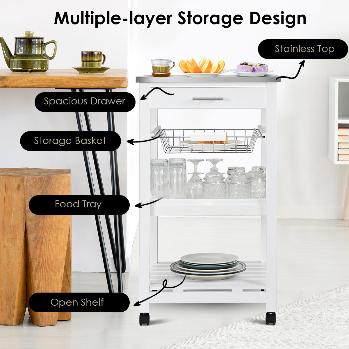 Kitchen Island Cart with Stainless Steel Top, Pull-Out Basket, and Storage Shelves - White