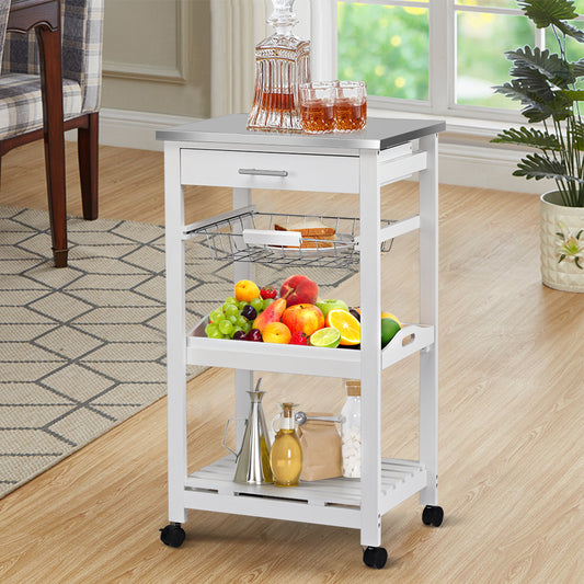 Kitchen Island Cart with Stainless Steel Top, Pull-Out Basket, and Storage Shelves - White