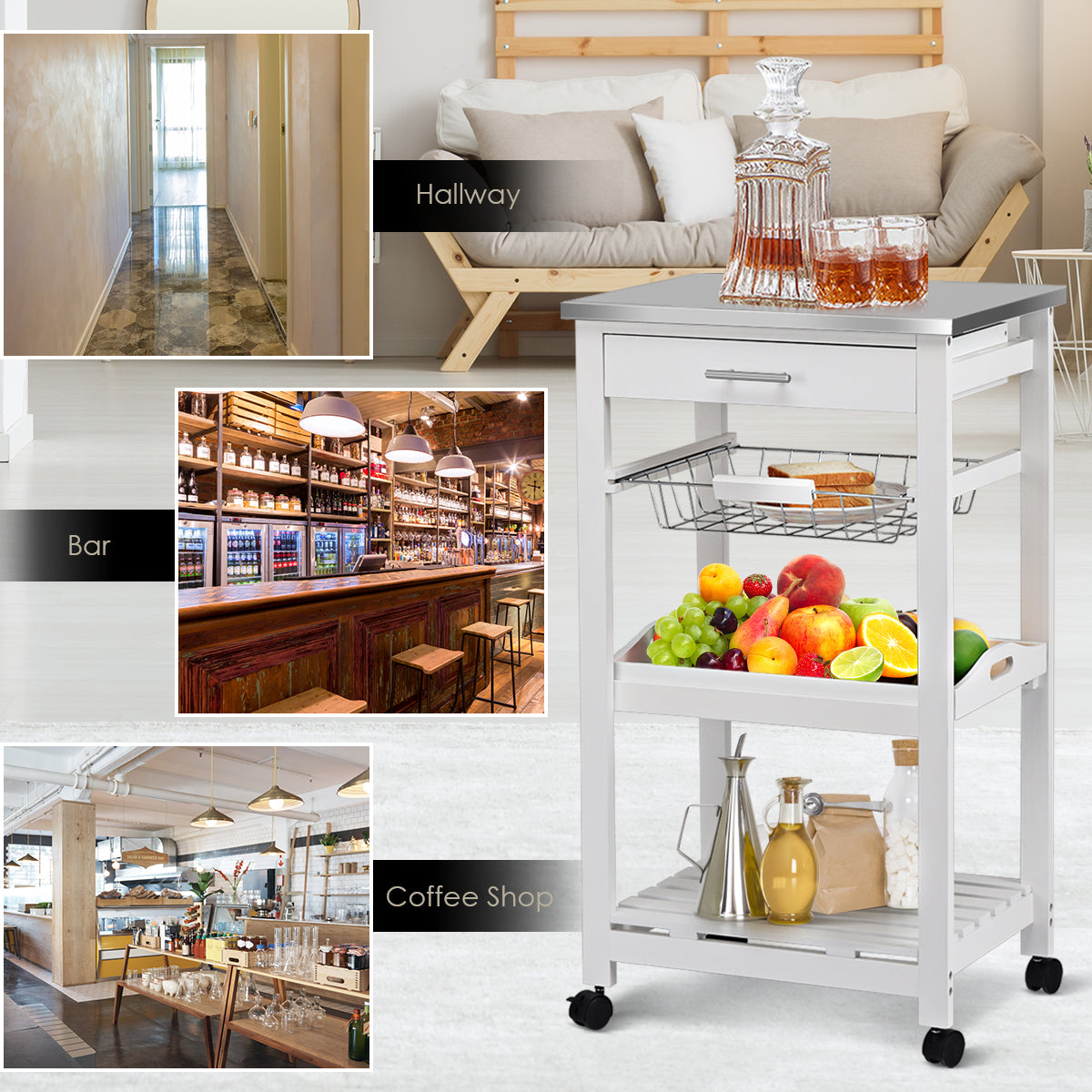 Kitchen Island Cart with Stainless Steel Top, Pull-Out Basket, and Storage Shelves - White