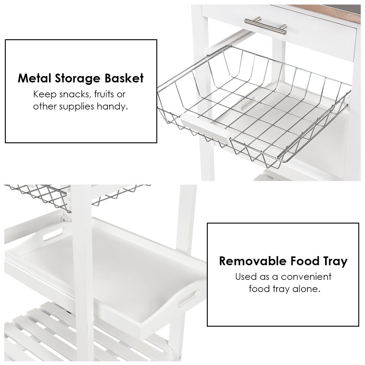 Kitchen Island Cart with Stainless Steel Top, Pull-Out Basket, and Storage Shelves - White